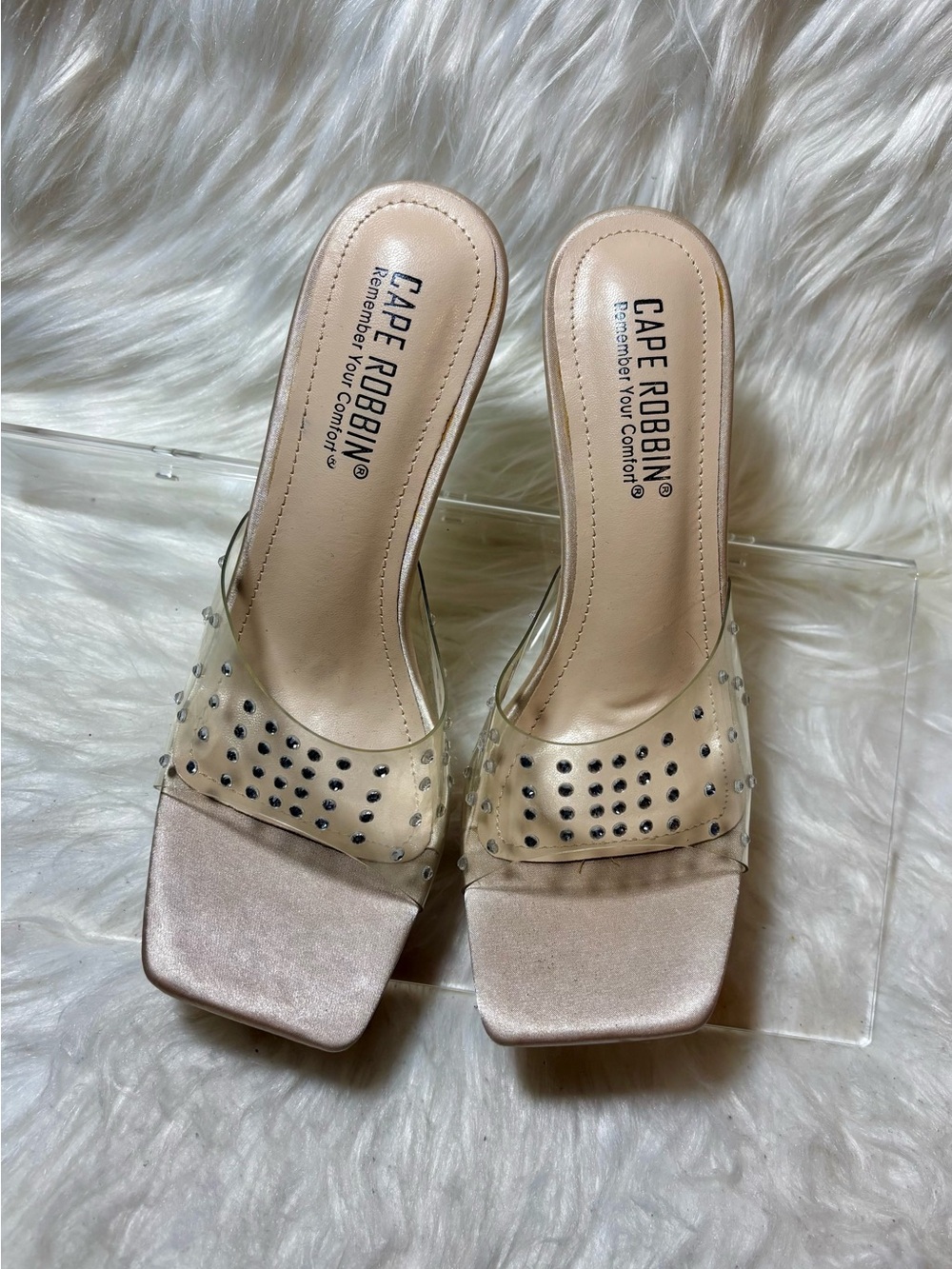 Cape Robbin Brisa Clear Strap Rhinestone Square Toe Slides with Stiletto Heals